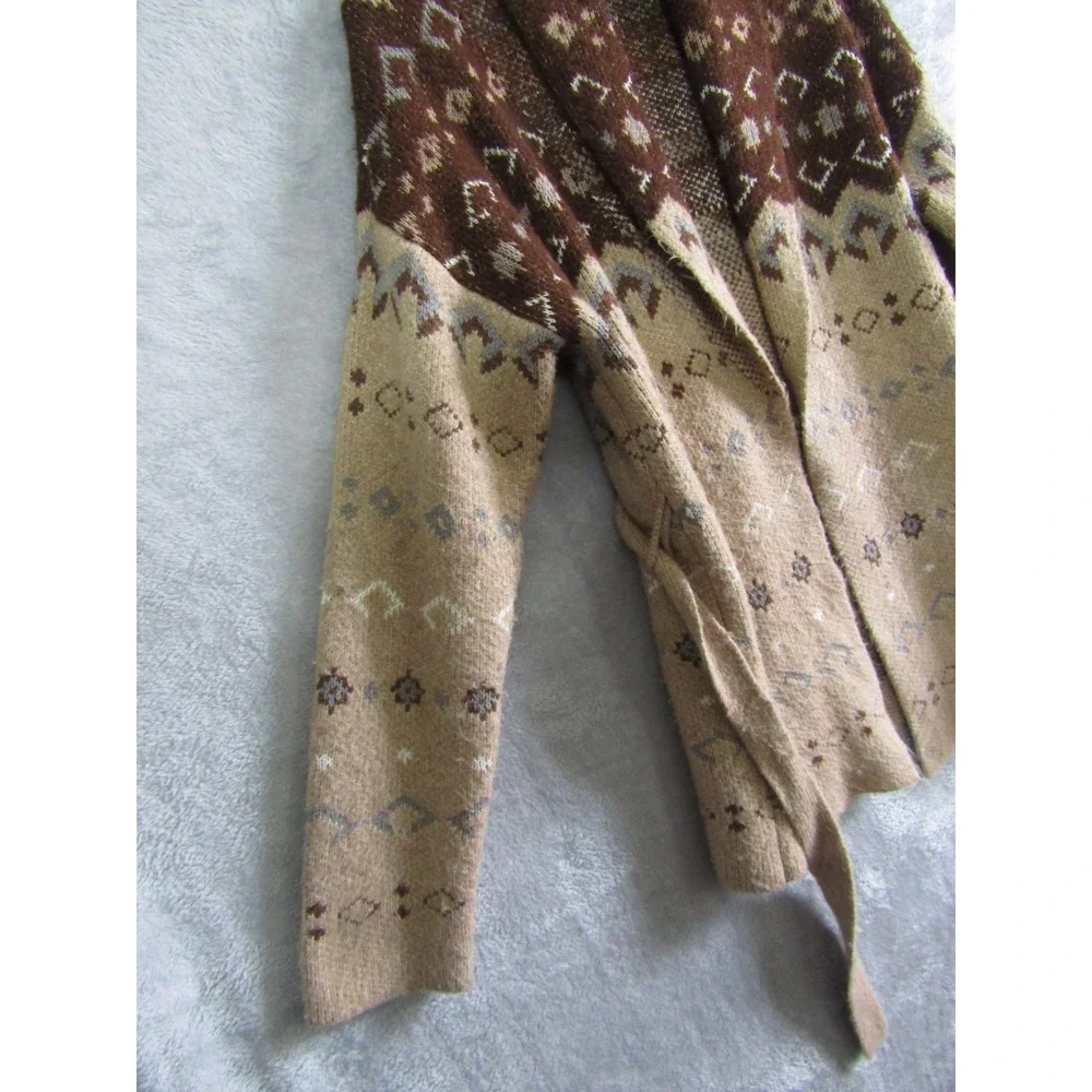 Lucky Brand Womens M Brown Tan Fair Isle Shawl Collar Belted Cardigan Sweater - Picture 3 of 9